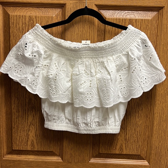 Express 💙 Eyelet Overlay Off The Shoulder Top - Picture 8 of 8